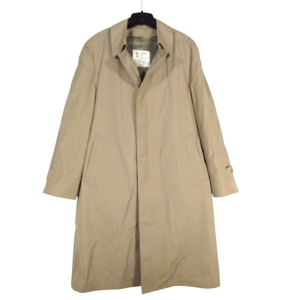 VTG LONDON FOG Men's KHAKI Removable Fur Liner BUTTON-UP Trench Coat Sz 42